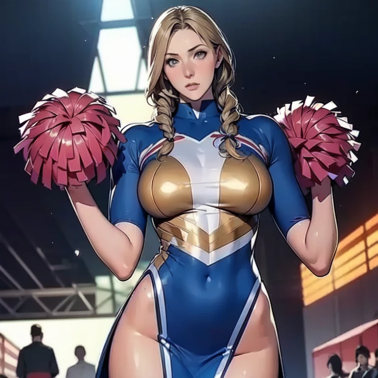 Metallic blue football uniform、1 Female footballers in Alafe、Glossy shorts、spikes、Big breasts about to burst、thin and long legs,、Fitness Model、musculature、abdominals、Height 175cm、Sun visor、skin tanned、glistning skin、Cool smile、full-body view、publicity cosplay、full-cosplay、taken with canon 5d mk4、cosplay foto