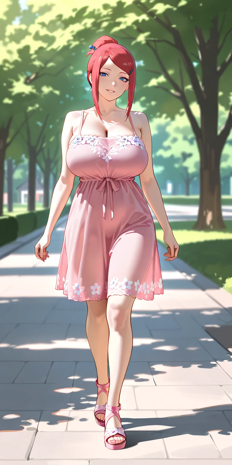 sano_aika,Milf, large breast, busty, gyaru, park, floral print sundress, sunset, trees, clouds, sitting, bench, smile, masterpiece, best quality, masterpiece, best quality,