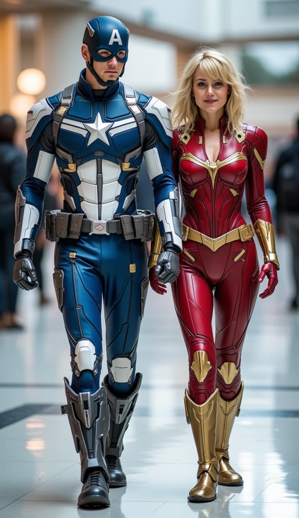 character: 1 boy Wearing futuristic white captain america body suit with blue silver armor futuristic white accents, and 1 girl yellow hair with bangs Wearing futuristic red captain Marvel body suit with gold silver armor futuristic white accents Big breast open chest . They Looks Europe face.
action: Walk straigh. They look at the camera.
Expression : smiling.
Background : A bright indoor public space , with people vaguely seen in the distance, shows that this picture was taken at a fun event or get-together, maybe a convention or costume . They radiate happiness as they walk confidently in their superhero costumes. Show the whole body.