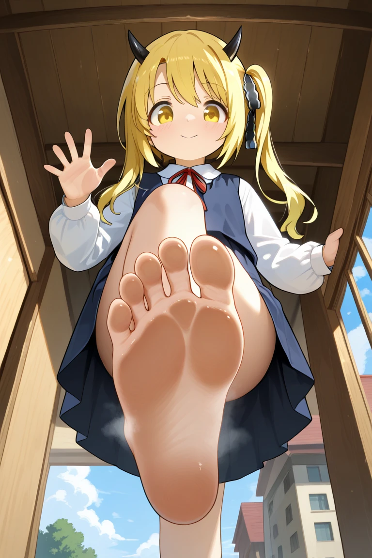 beautiful girl、16 years old、ponytail、Pleated skirt、Highest quality, smile,Sit with your legs apart、Big 、Thick thighs、Blue panties、Sweaty ass、Sweaty crotch、Low Angle、Cowboy Shot、Show the soles of your feet、Steam from the soles of the feet、Sweaty feet、Stains from the pussy line、handle penis with feet、Footjob、Five toes