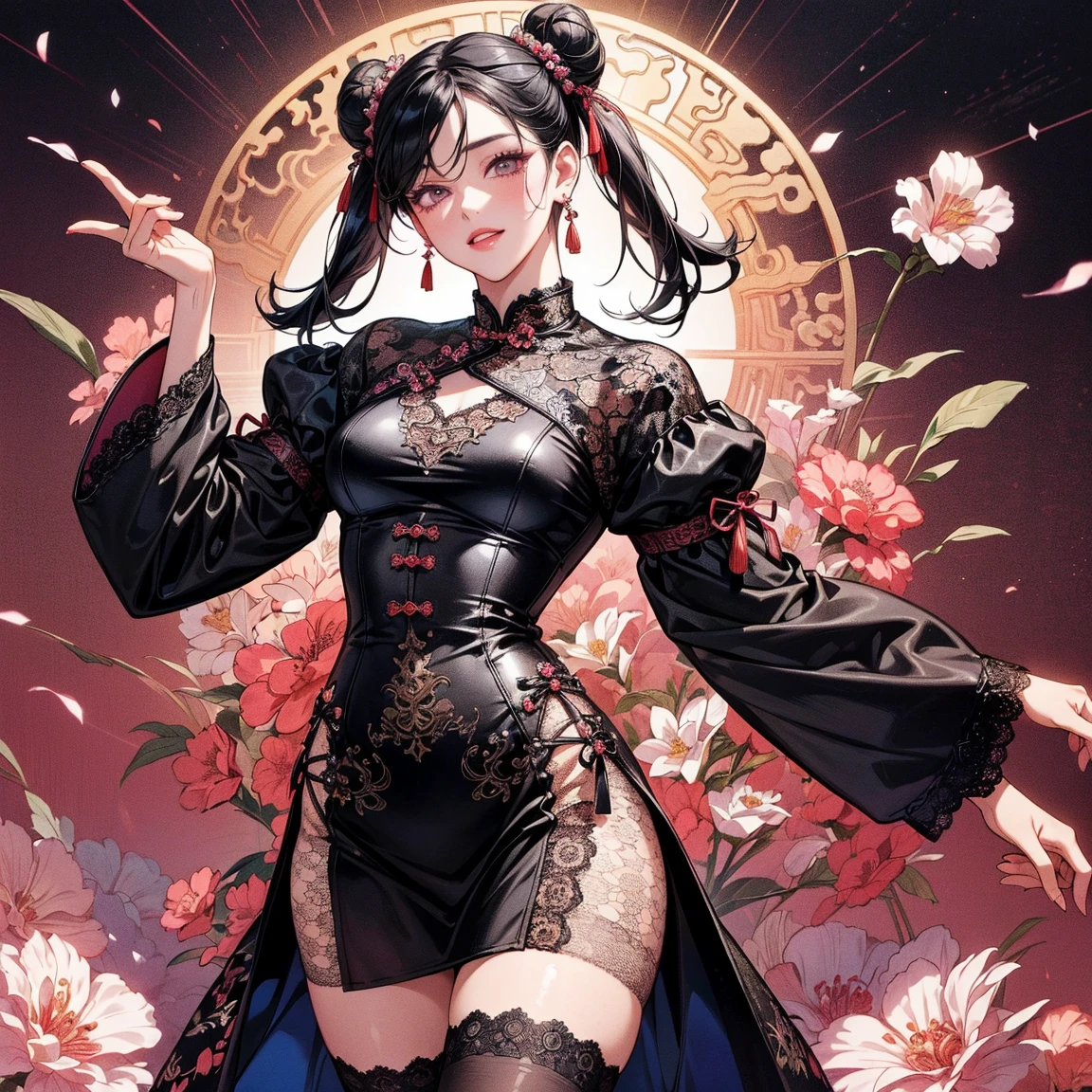 ((((High resolution, Intricate details, masterpiece, 8k, from front)))), (((beautiful, leotard, tights, loafers, full body))), ((One Woman, smile, Red cheeks, slender)), (Black Hair, Beautiful forehead, Long Hair, ponytail, Big ribbon, Glowing Skin), from front, looking at viewer, look at viewer, 