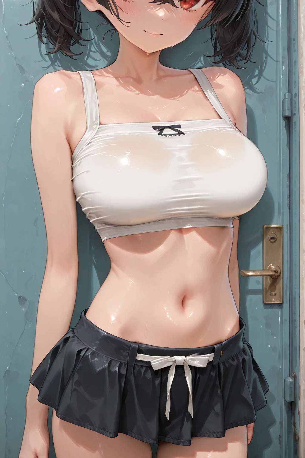 1 beautiful woman, sexy pose, ((in the overcrowded train)),(crammed train), closed eyes, pink underboob, beautiful face, seductive, a lot of makeup, (short wavy blue hair, bob cut), wet underboob, high heels, (red mini skirt).