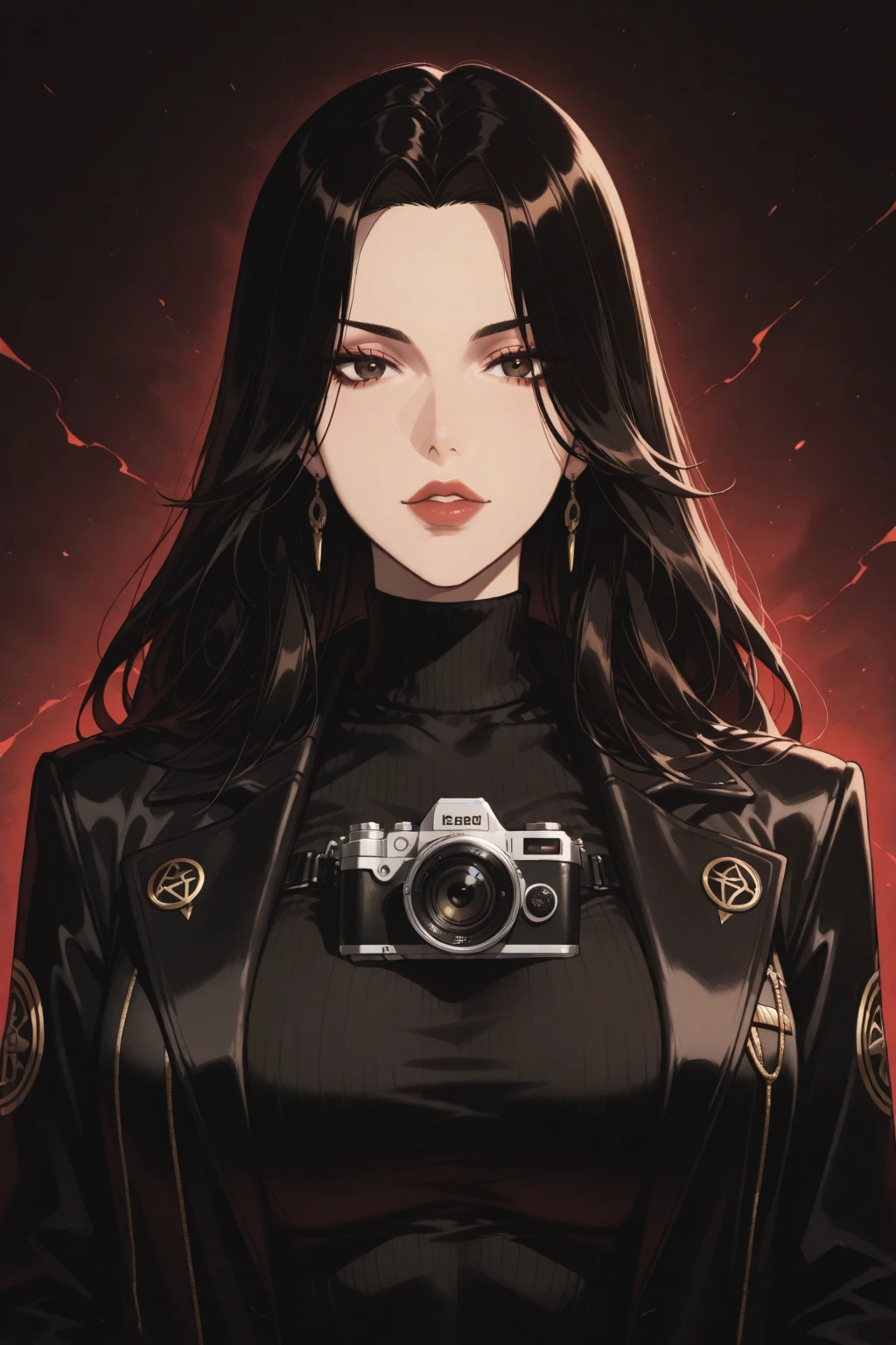 lightly tanned brunette woman, she shoots the camera, on voit la totalité de son corps, elle porte des sous vetement en dentelle noir