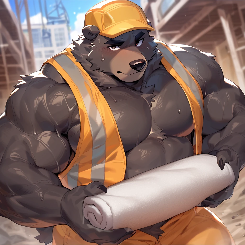 solo, 1boy, Huge Middle aged Muscular Old Grizzly Bear Daddy wearing glasses, hat, pectoral, huge pectoral, wide pectoral, short pants black wristbands gloves and tank top, waistbelt, bearded, Mustache, gym background, frontside, masterpiece, high detailed, 8k, high resolution, at the gym working out his chests, flexing his biceps