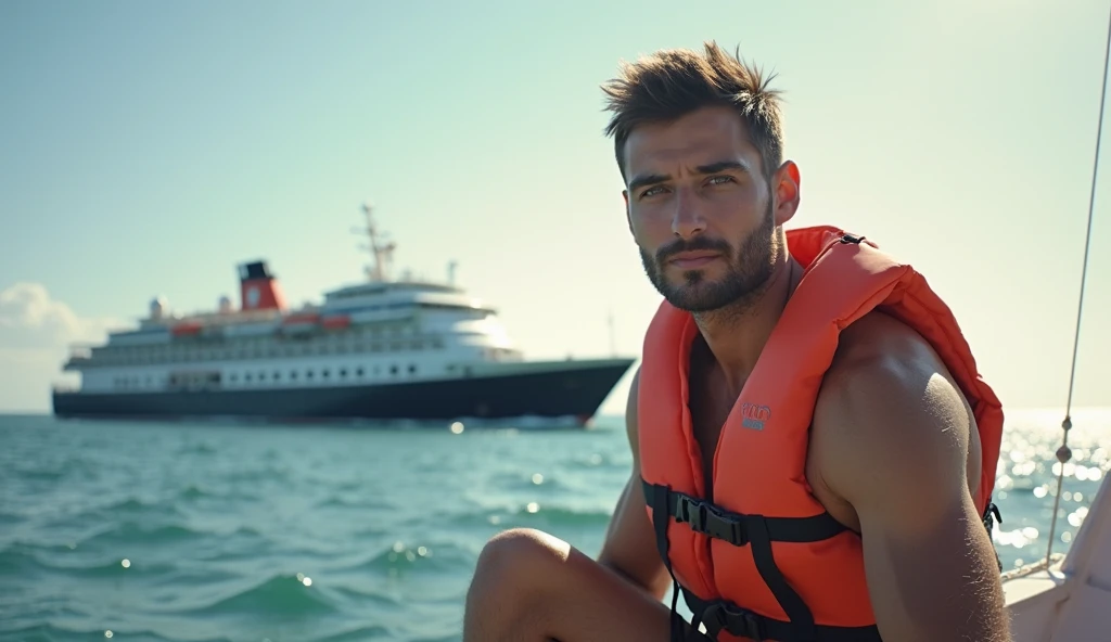 White man of Colombian appearance with a slim and defined body with marked pectorals, marked abdomen, large legs, large bulge and sweaty skin wearing short light blue swimsuit with white lines posing on a wooden pier over crystal clear water and cruise ships in the background