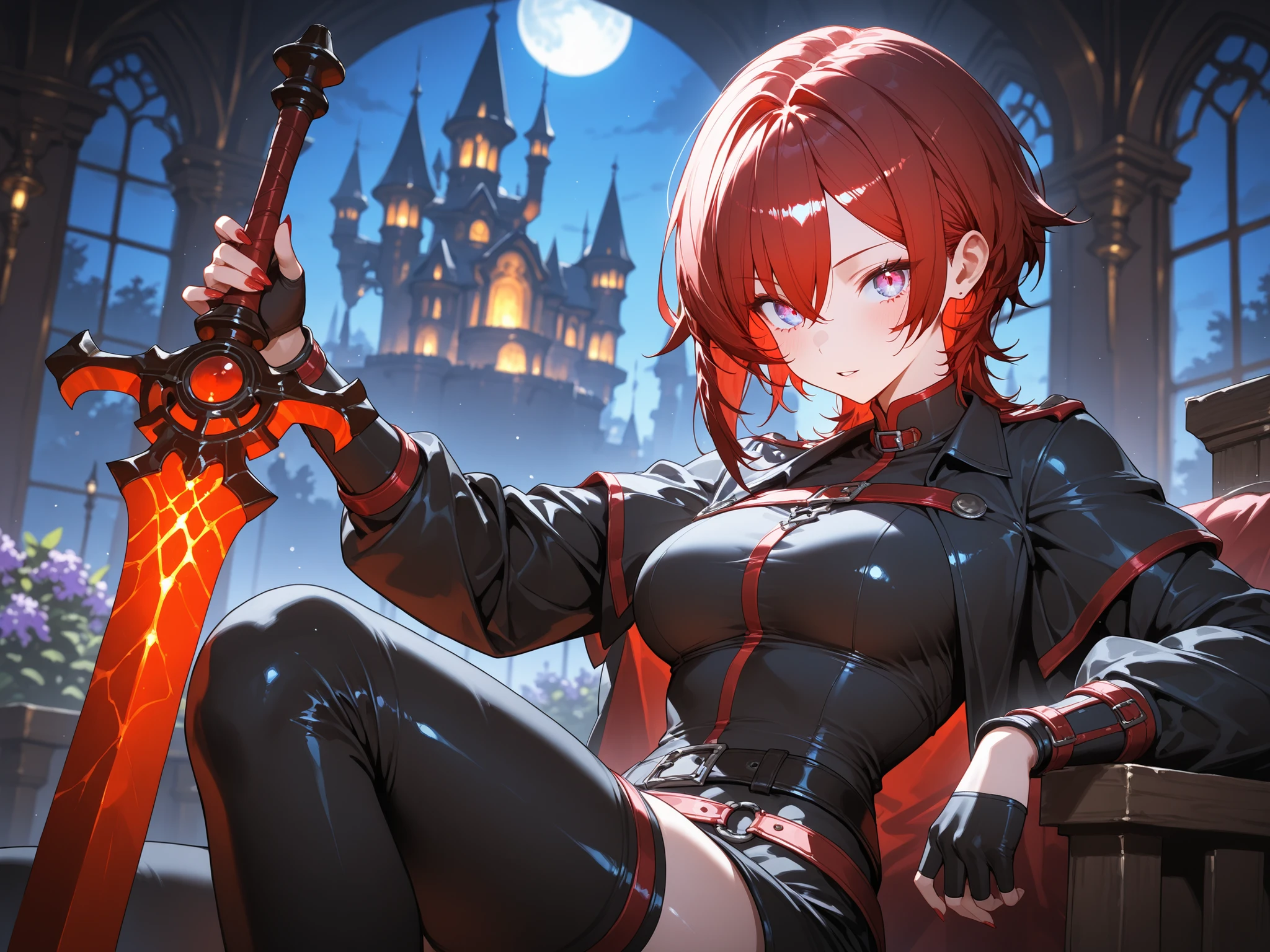 masterpiece,best quality,amazing quality,ultra-detailed,very aesthetic,sharp focus,depth of field,vibrant colors,ray tracing,best lighting,detailed illustration,detailed background,cinematic,beautiful face,(EyesHD:1.3),beautiful eyes,solo_female,short crimson red hair,wolf-cut style hair,lilac color eyes,fantasy aesthetic,bandit clothes,holding an enchanted sword,fantasy castle barracks,indoors,night,sitting on a cot,