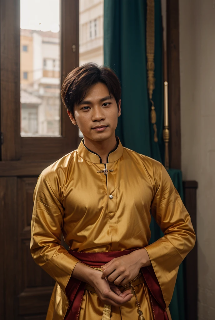 asian boy, cabelos pretos e lisos, olhos escuros, zangado, roupas medievais