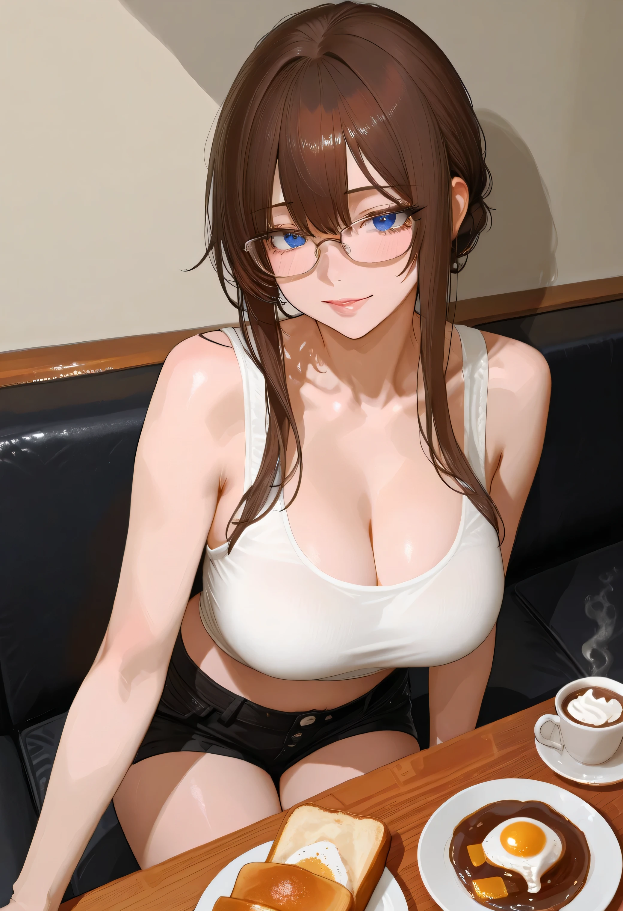 1人の女性、brown haired(Curta)、Brown eyes、Black-rimmed glasses、 Best Quality、ultra-detailliert、8K resolution、Raw photo、masutepiece、gorgeous faces、Perfect body、cafe terrace、Coffee Time