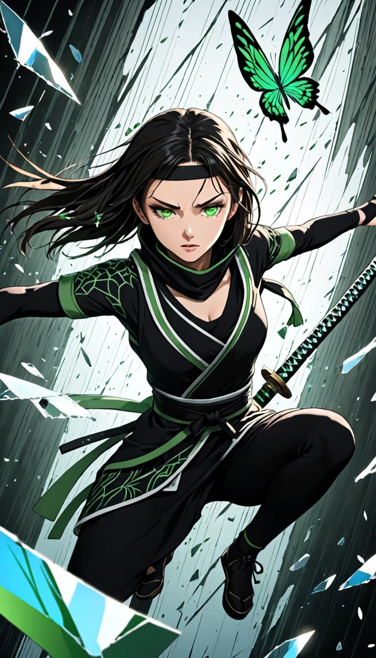 Mature woman, perfect anatomic draw, perfect eyes, long black hair, beautiful eyes, straight bangs down, green eyes, pale skin, beautiful woman, green kimono, in the green background, red lips, serious face, serious woman, brave pose, fighting with a katana, 8k, high quality, full HD.