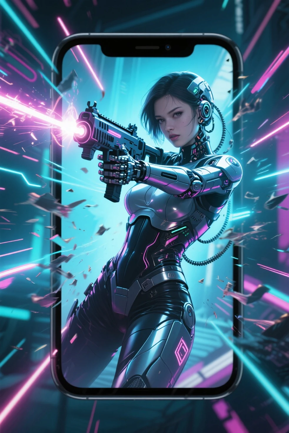 a cyborg robot, woman, auburn french braid, hiqcgbody, lights, scars, refractions, posing, ultradetailed, HD, 8K, highlights, good lighting, black suit, the most amazing effect, sci-fi,((art by carne griffiths and sean yoro))
