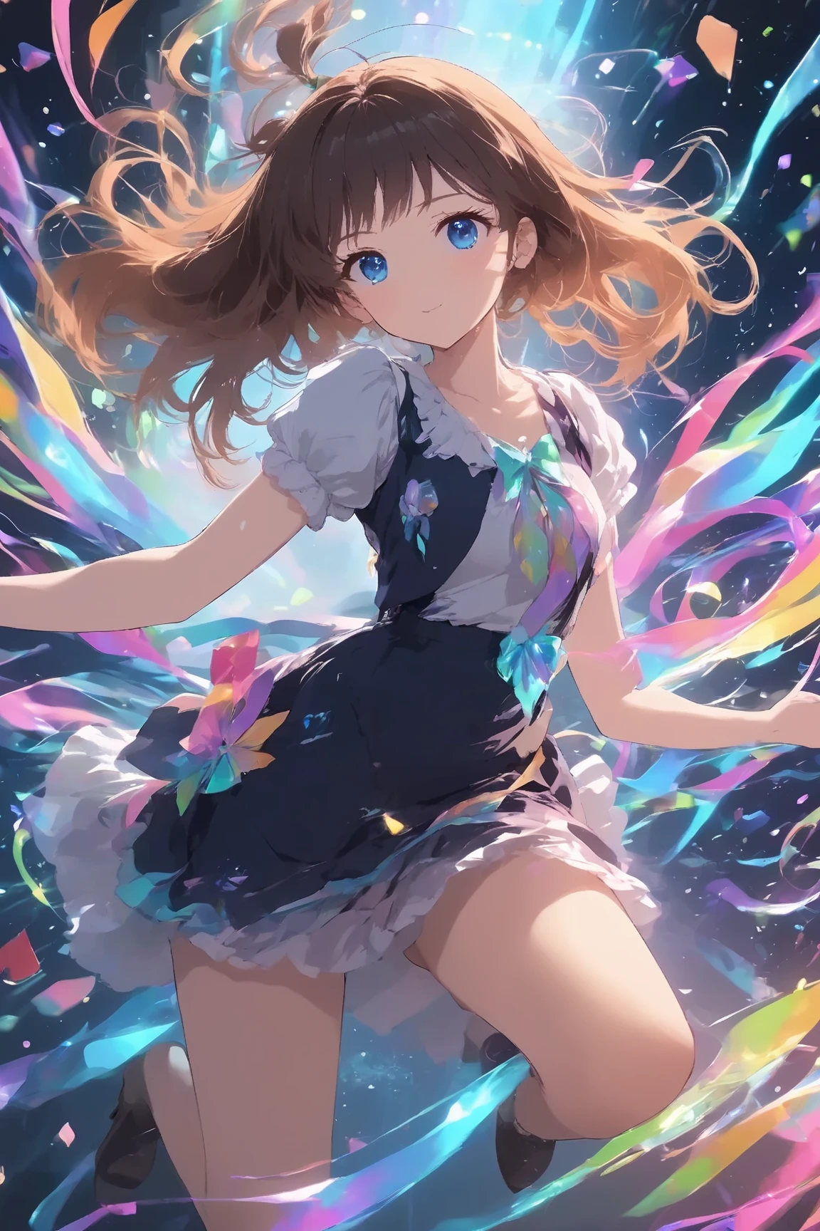 ((masterpiece)), (((HDR))), ((best quality)), (ultra high quality), (hi-res), ((1 anime girl)), cute woman, (((light purple eyes))), beautiful eyes, detailed eyes, ((adult)), (((dark red hair))), hair gradient, ombre, (bangs), tied hair, ((ponytail)), ((long straight hair)), (((small breast))), perfect body, perfect anatomy, long legs, (((zettai ryouiki))), (chubby thighs), (thigh high socks), long socks, (thin waist), (((thigh gap))), ((happy expression)), (smile), crooked tooth, sharp tooth, cute, facing camera, ((looking up at camera)), (leaning forward), bend at waist, (skirt), (idol clothes), (clothing colors blue white gold), (short-sleeved), ruffles, bows, standing, point, walking, in the city, outside, buildings, sidewalk, daytime, sunlight on face, noon, bright sun, city scenery, crosswalk, birds