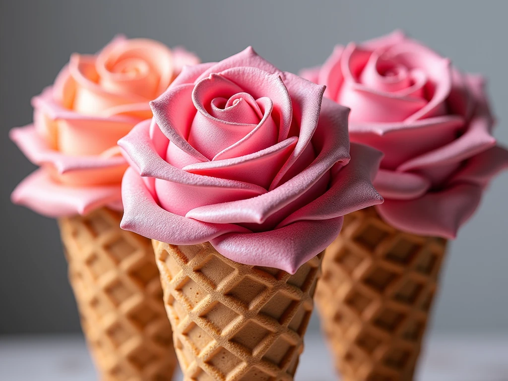 exclusive ice-cream  in waffle cones in the shape of roses, bouquet

aesthetic, beautiful, ultra-realistic, filigree, thick colours, photorealism, high quality, micro-detailing,

gloss, multi-exposure layering, digital painting.

Alexey Kurbatov, Alexander Maranov + pointillism + zentangle
