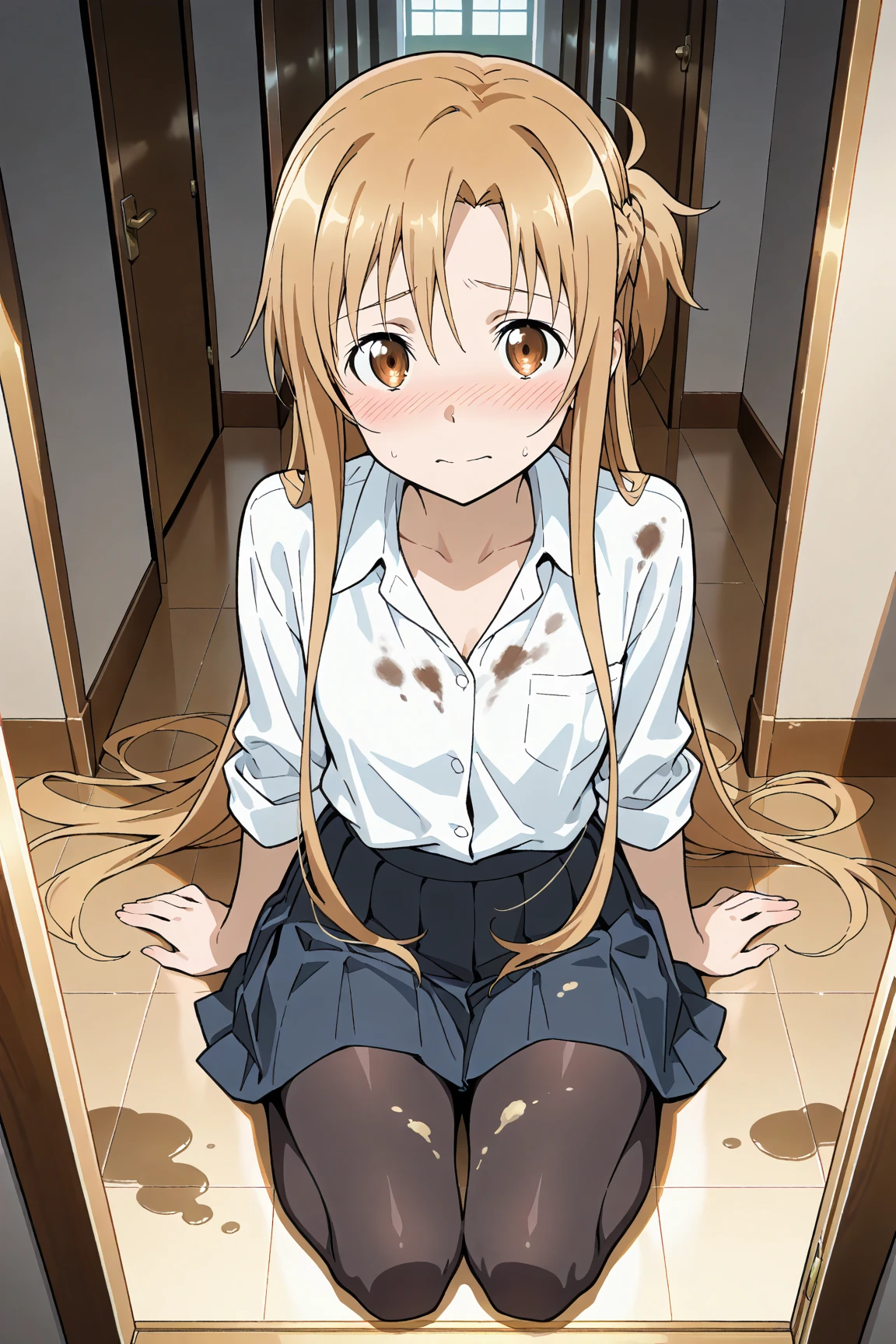 ((A sad anime girl with long yellow hair, her mouth covered with a light brown band, her cheeks flushed, her hands tied behind her back with a rope, sitting with her knees bent, her breasts tied with rope at the top and bottom.