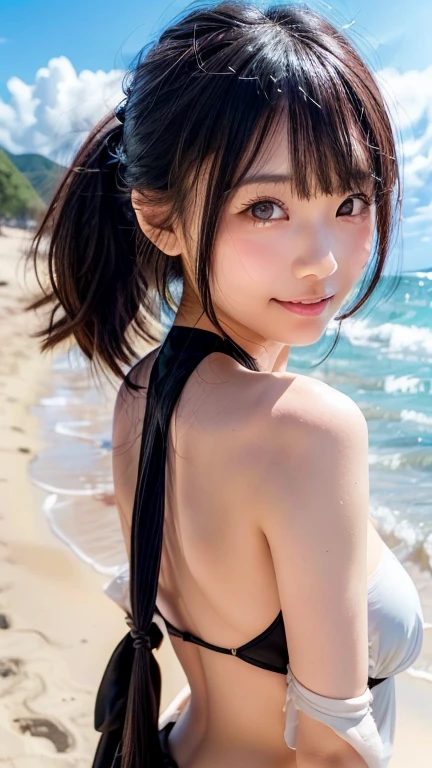 beautiful oriental girl straight black hair with bangs, big round butt thin waist, Sun and beach, men looking