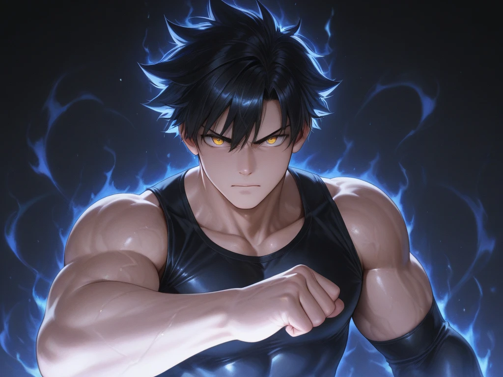An adult boy, black hair, black eyes, designed in the style of Dragon Ball Z, in the middle of space holding a black photo.