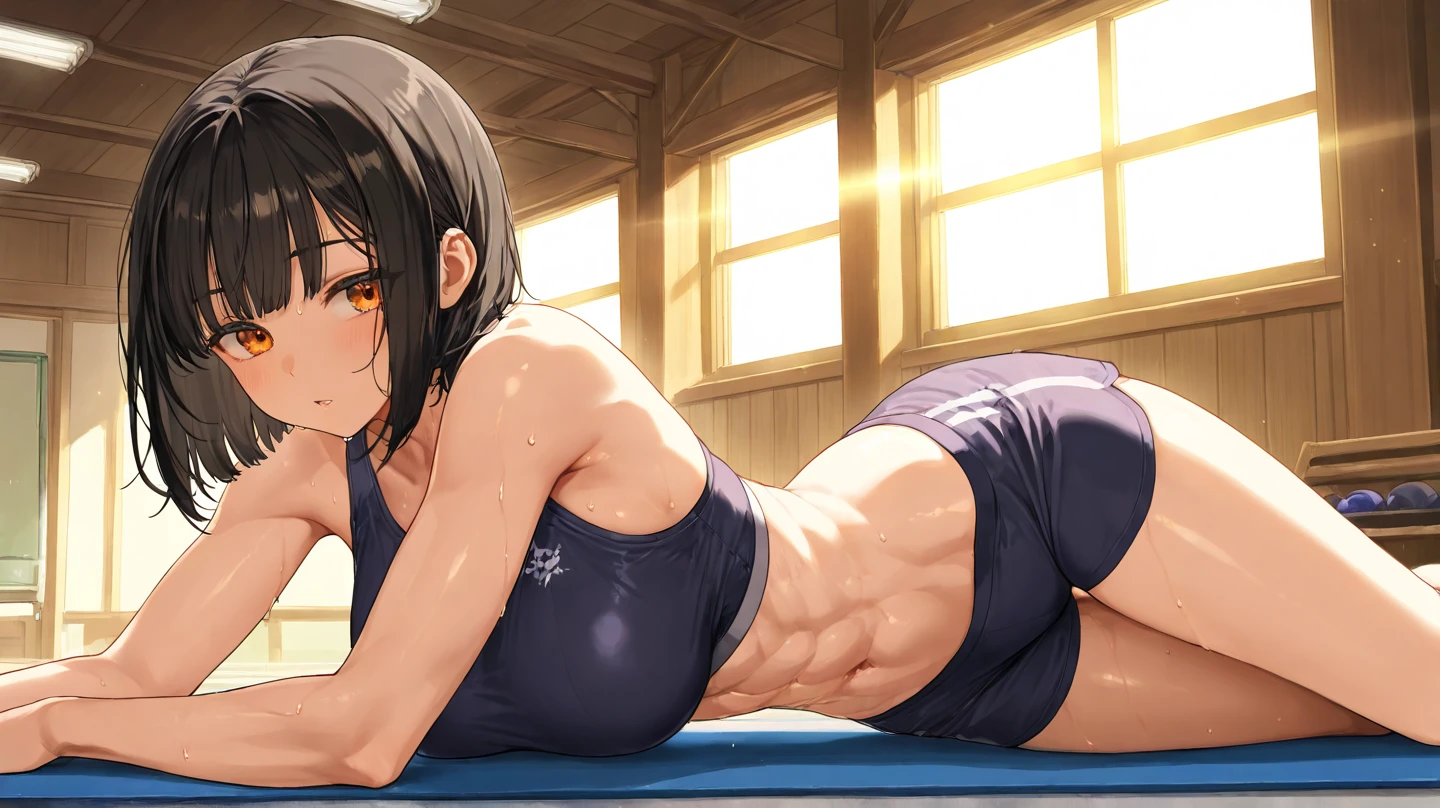 Arafed Asian woman in sports bra top and blue shorts, Physically sporty, Sports bra and dark blue shorts, Sports bra and shorts, attractive Physically sporty, Sports bra and shirt, Japanese Model, With abs, An athletic body, Attractive body, A seductive body with a sexy belly, mayuri shiina, [ Well defined abdominal muscles ]!!, Fitness Model
