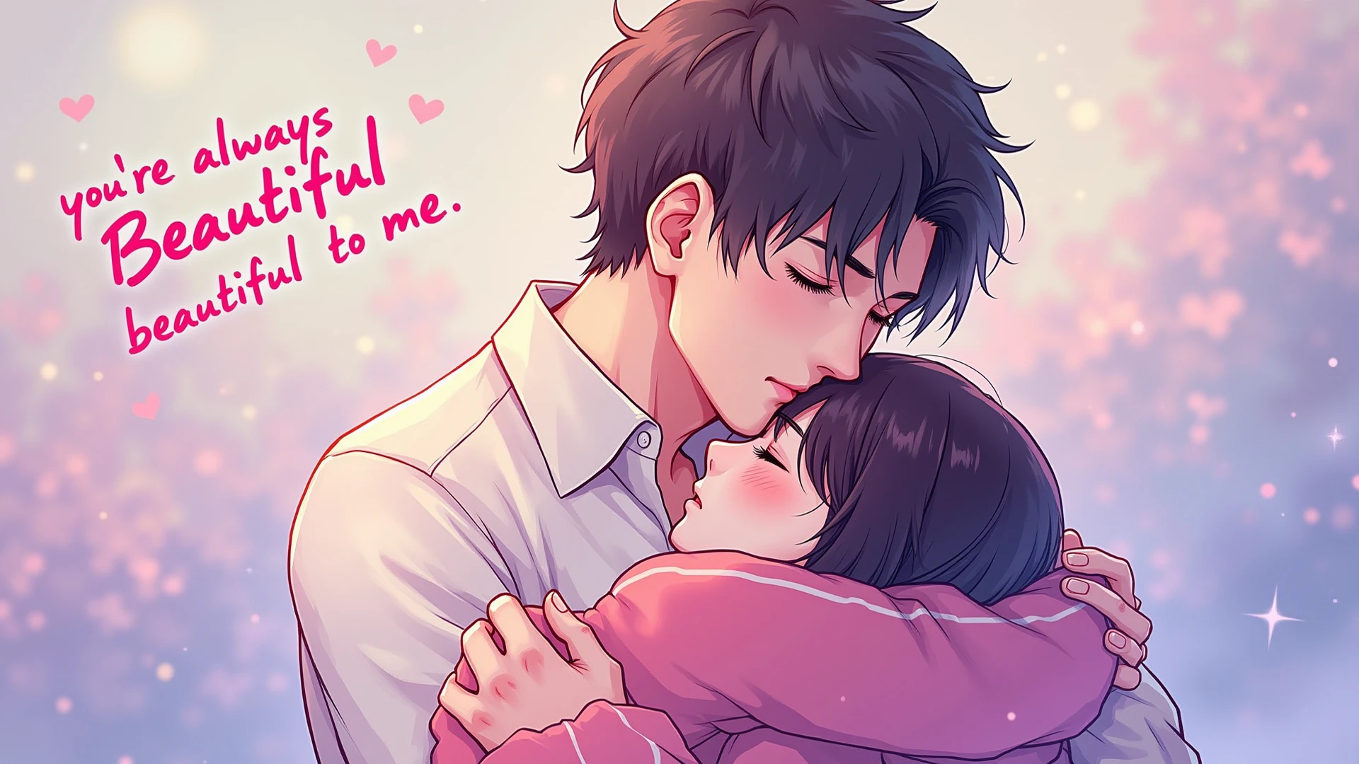 Webtoon art style, Dũng hugging the main character, but her face, unseen by him, shows a flicker of doubt. The words You're always beautiful to me float in the air, but they seem less impactful than before.