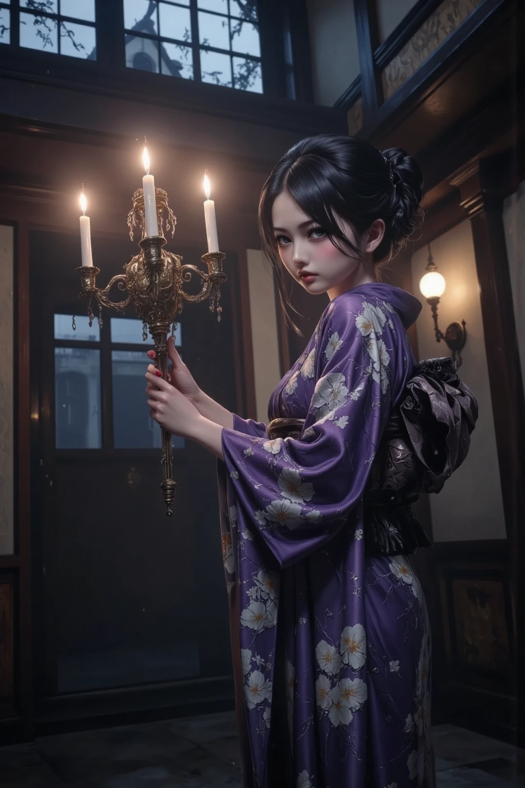 woman in kimono holding candelabra with lit candles in her hands、solo、Old Western-style building lobby at night、dark room、 Large Staircase 、8K High resolution、Super Detailed Painting、realistic、HDR、soft mute light、clear focus 、Intricate details、dark colors、dark colors、bokeh、traditional Japanese atmosphere、deep and sophisticated composition of the scene、view from above、Great storytelling