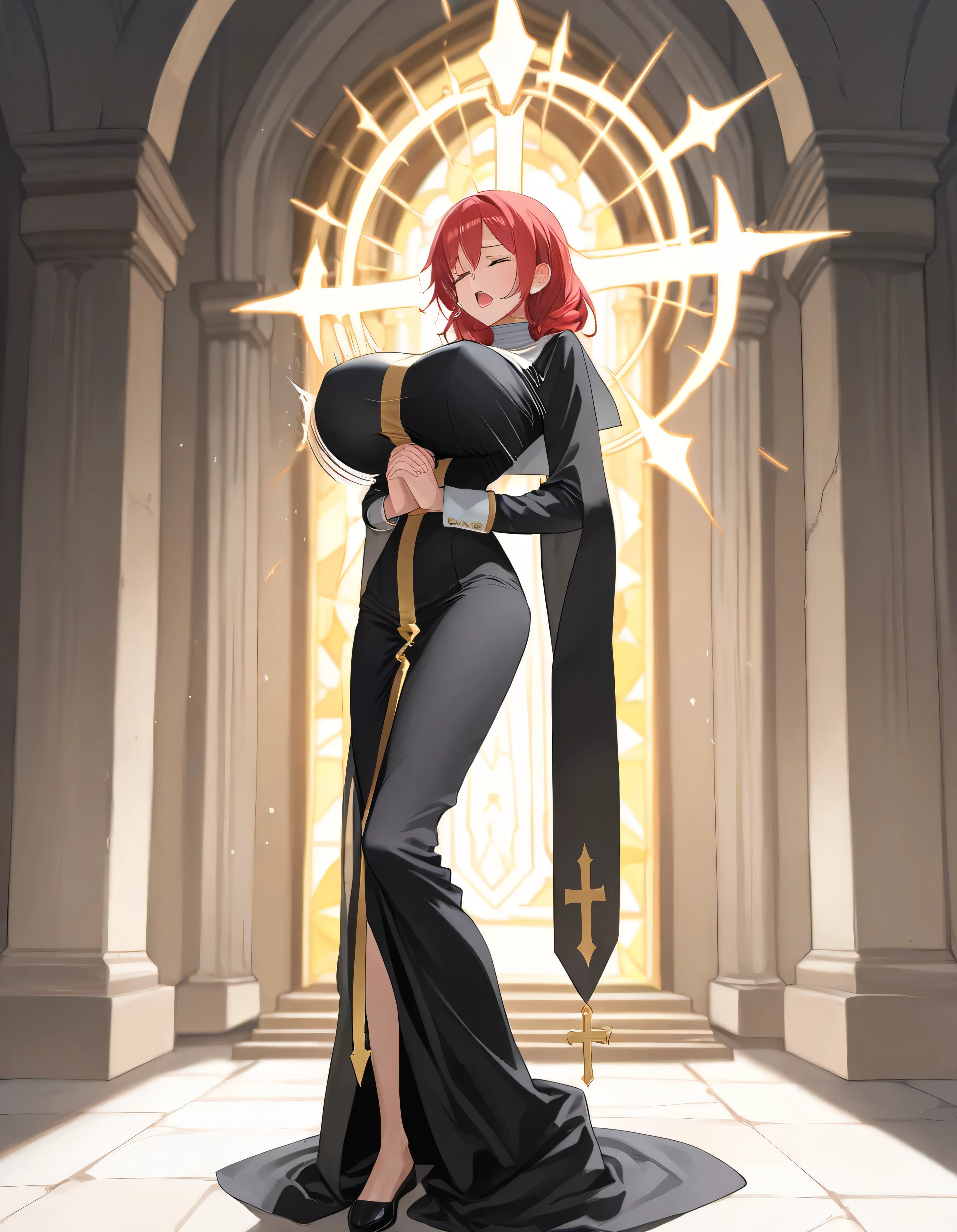 score_9, score_8_up, longlegs_v0.22_pony, BREAK, holy temple, solo, (1 skinny priest praying), (praying hands under breasts), (bouncing huge breasts), (perky breasts), BREAK, narrow waist, skinny legs, black robe, long skirt, {orgasm}, erectile nipples, too short torso