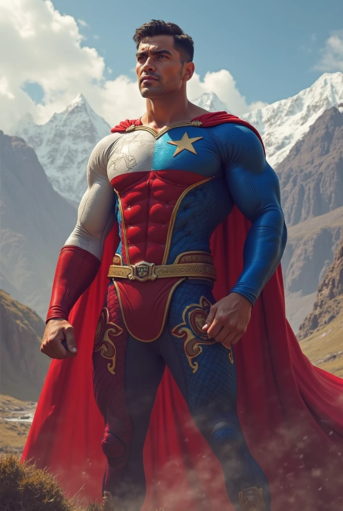 (muscular cute beautiful young boy Arion), huge strong biceps volume, huge chest muscles volume, strong muscular legs, exposed abs skin, tight trunks and cape, huge cock bulge, mountains background, wavy short hair