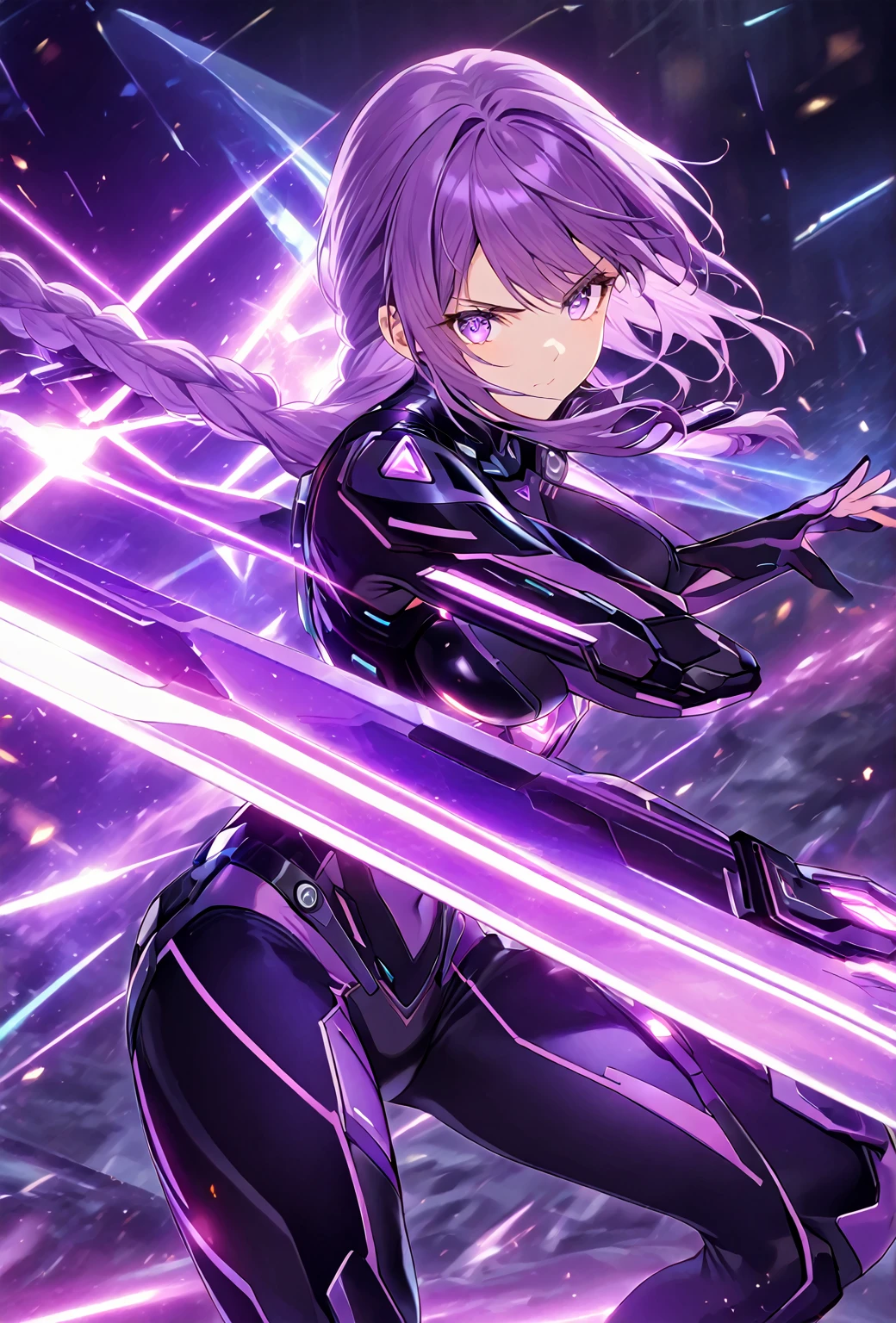 best quality, super fine, 16k, incredibly absurdres, extremely detailed, delicate and dynamic, (two beautiful female cyber warriors:1.5), background black and purple swirling black hole, galaxy AND (best quality, super fine, 16k, incredibly absurdres, extremely detailed, delicate and dynamic, 1 cute cyber warrior with purple eyes and braided low twin tails with gradient from white to purple at the ends) AND (best quality, super fine, 16k, incredibly absurdres, extremely detailed, delicate and dynamic, 1 cool beauty cyber warrior with gold eyes and rainbow-colored ponytail with braided sides), motion blur, action blur, various image effects