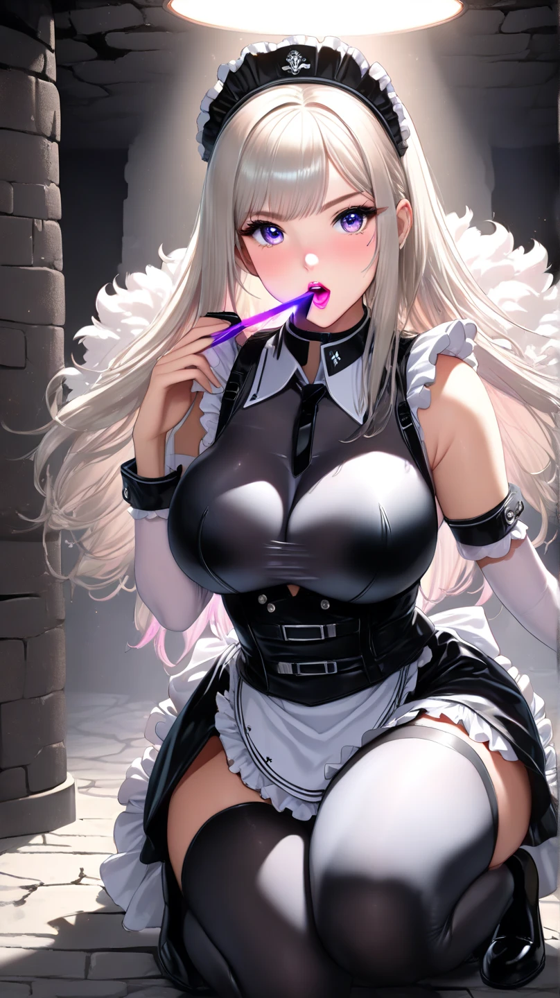 超High resolution,masterpiece, Attention to detail, highest quality, High resolution, 4K,Silver braided short bob,(heavy chest,Captivating body、Ultra-detailed skin、Beautiful eyes、Detailed Background),(fucked silly:1.3),Maid,Maid服, (cum on face, bukkake, penis,fellatio:1.4)