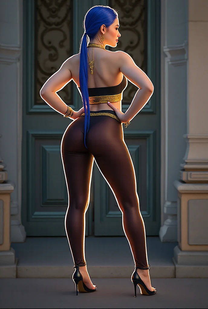 Ahsoka, with black pantyhose, from ahead, with thin blue heels, blue loincloth and tight top, looking smiling at the viewer