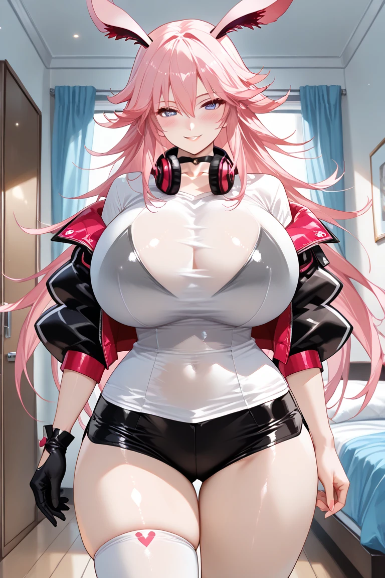 A sexy girl with red pink hair, realistic anime, hot cute girl, with black cargo pants, streetwear, large breasts, cleavage breasts, jordan 1 sneakers