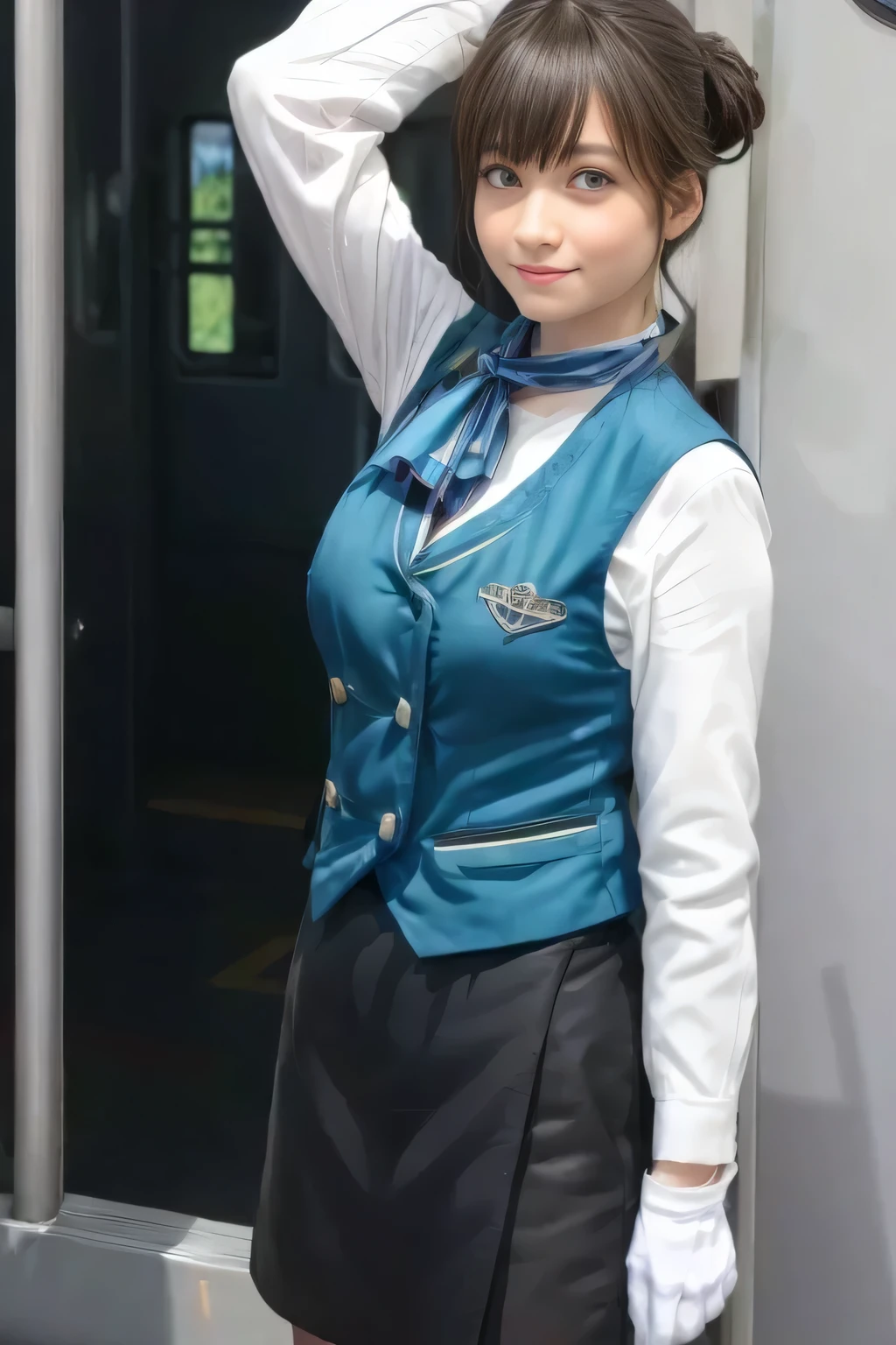 (masterpiece:1.2, Highest Quality :1.2), 32kHDR, Kampala, (alone、 One Girl on a Break Day)、((10Late generation women ))(what 、 Professional Light )、In-flight background、( Nankai Electric Railway crew uniformを着た現実的なスタイル )、(( Nankai Railway uniform green vest ))、(( Nankai Railway uniform white long sleeve blouse without standing collar )) 、(( Nankai Electric Railway uniform、knee-length black wrap culotte skirt 、 scarf wrapped around neck ))、 dark brown hair 、(( long hair、gathered hair、bread ))、 dark brown hair 、 long hit 、Big Breasts 、thin legs、(( amazing hands :2.0)),(( A harmonious body shape :1.5)),((generally肢体:2.0)),((generally :2.0)),(( clock :2.0)),((generally目:2.0)))、smile、( Nankai Railway uniformを着た美しい女性 )、 Join hands