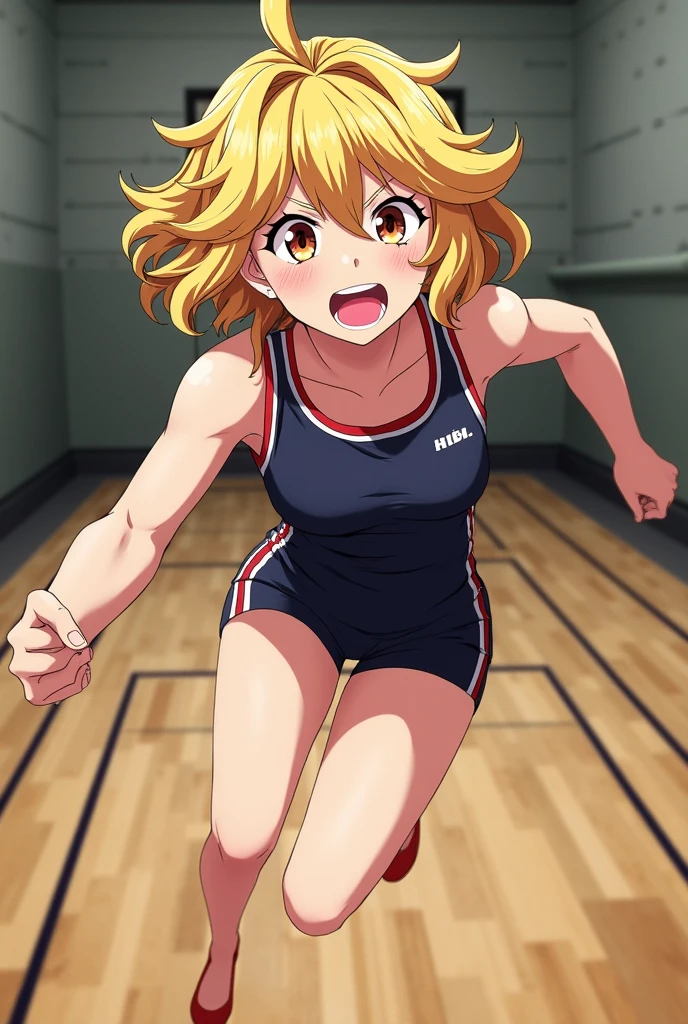 akebivol, hairband, volleyball uniform, sleeveless shirt, shorts, huge breast, all fours, looking at viewer, gym