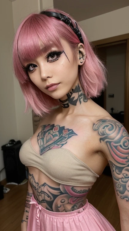 Girl, short pink hair, tattoos on her face, big breasts, exposed stomach, short skirt, tattoo, A tattoo on her hand, and a tattoo on her chest