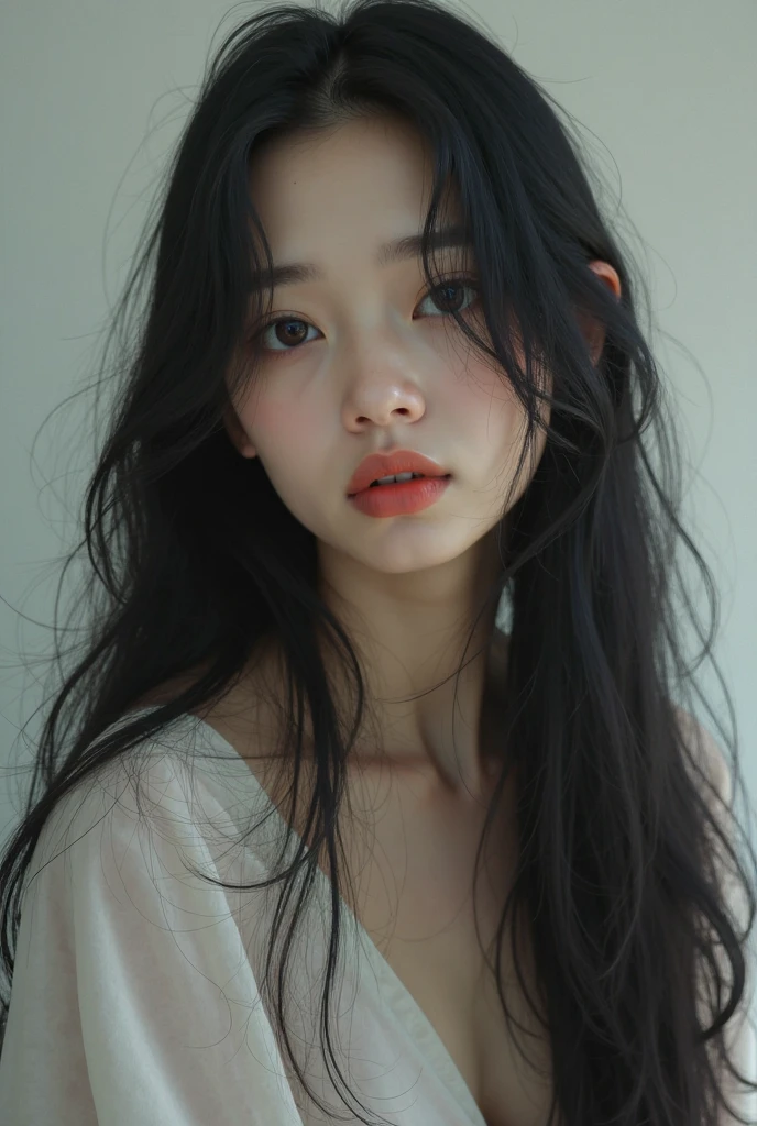 leogirl, cute 1girl, messy hair, long black hair, lip biting, seductive leaning forward detailed skin, detailed face cleavage, realistic, photorealistic studio light Artgerm, evil smile,No makeup