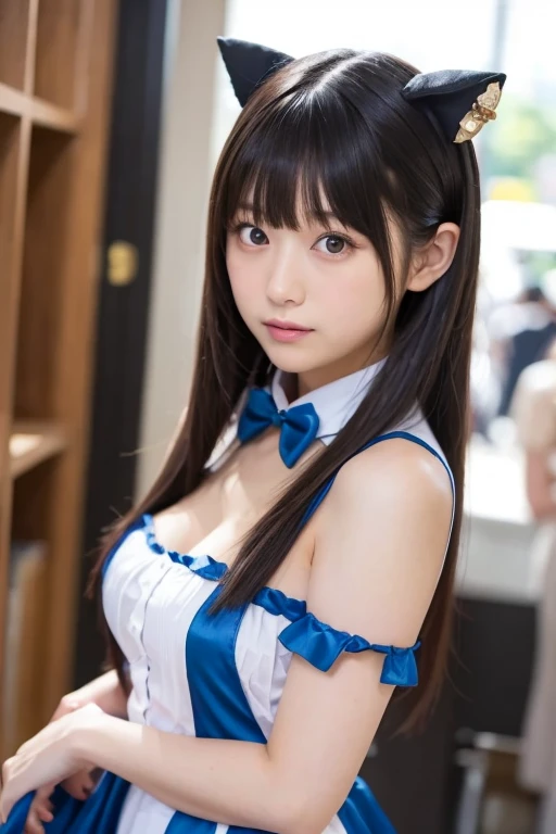 dutch angle, (kneeling:1.5), (legs spread):1.5, (fold-arms:1.75 ), (from below:1.75), (beautiful japanese girl), (Shot with Canon EOS 5D Mark 4 and Canon EF Lens 180mm F2.4L Lens, F value 2.4, ISO 50, shutter speed ??), beautiful and fine eyes, perfection , perfection, roll your eyes, detailed face, fine eyes, excellent quality, masterpiece, very detailed, Advanced level of detail, many details, high quality, cinematic light, real hands, (super realistic:1.3), high school student , perfect eyes, detailed skin, skin blemish, 170cm Toll, lip gloss, BREAK,
Karin_bluearchive, smile, A carefree smile,
black hair, dark-skinned female, ( dark skin:2.0 ), long hair, yellow eyes, bangs, breasts, large breasts, Halation, bow, blush, bowtie, blue bow, very long hair, blue bowtie, braless,
nvpu, 1girl, solo, maid, cosplay, maid headdress, maid apron, neck ribbon, bow,
carrying an anti-tank rifle,
ruins, in the london,