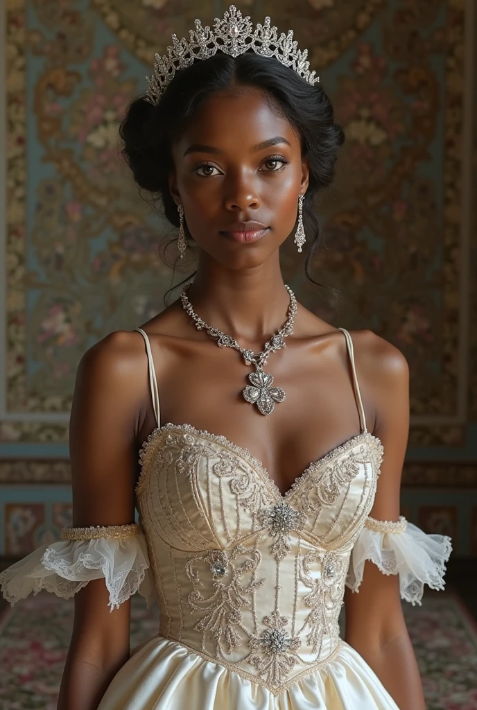 Girl, african American, but with long curly hair, exotic beauty, Charismatic, Exquisite beauty, Slender figure, Breasts of the third size, nude in transparent lingerie, Dressed in Gothic style, lying on a bed in a room of a Victorian castle, victorian style, gotik, exquisite erotica, Masterpiece, fine art photography, fine art photography, Fine art painting, 8K, cinematic quality