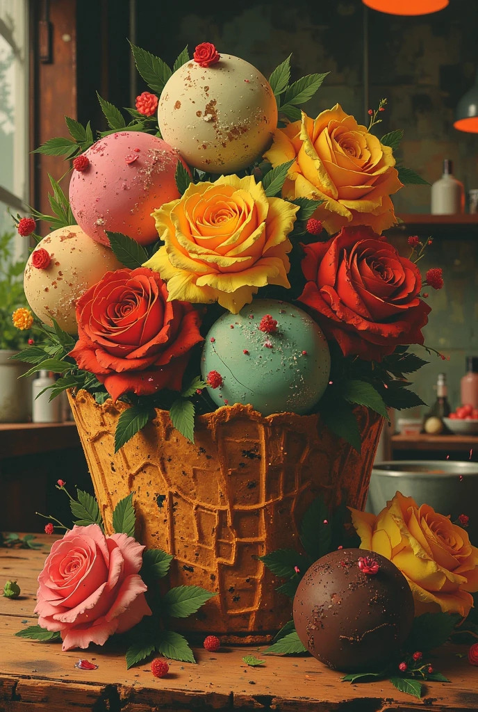 exclusive ice-cream  in waffle cones in the shape of roses, bouquet

aesthetic, beautiful, ultra-realistic, filigree, thick colours, photorealism, high quality, micro-detailing,

gloss, multi-exposure layering, digital painting.

Alexey Kurbatov, Alexander Maranov + pointillism + zentangle