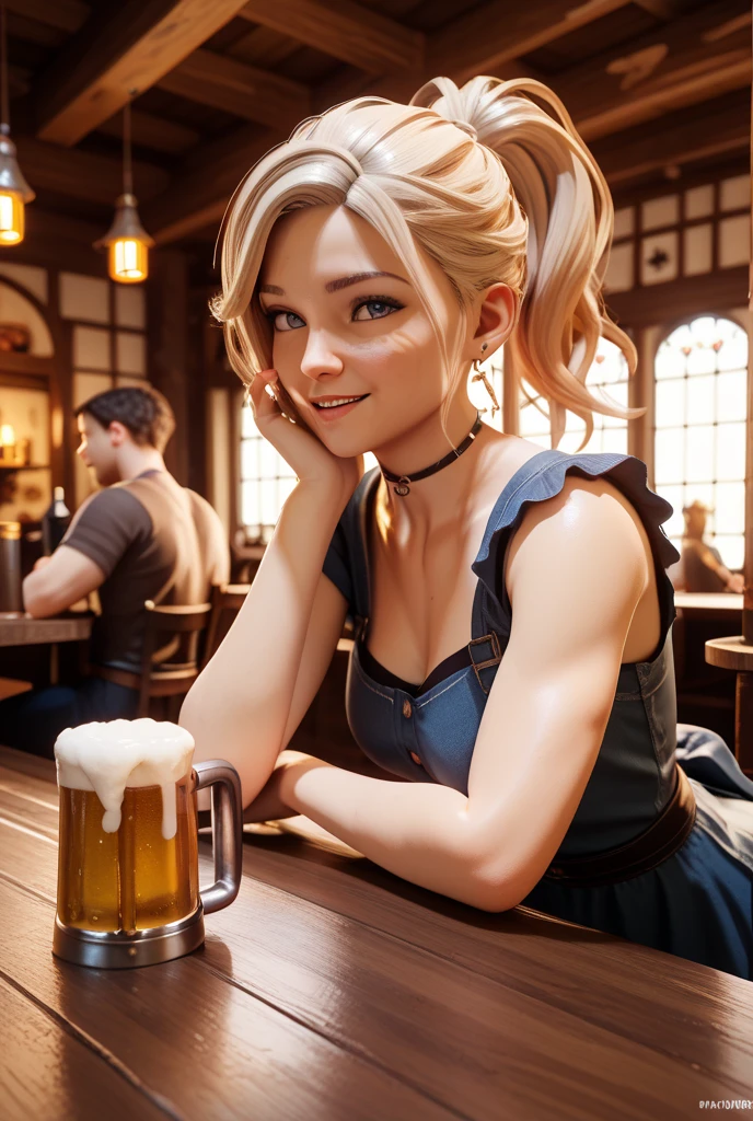 blonde woman in blue dress holding a beer in front of a bar, beautiful blonde girl, hyperrealistic schoolgirl, drinking beer, a hyperrealistic schoolgirl, with a drink, blonde girl, in a pub, drinking a beer, in the pub, in a bar, holding beer, ultra realistic picture, perfect android girl, photorealistic anime girl render