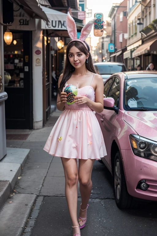 15-year-old girl in a short pink dress coming out of a Chevrolet car on a white background