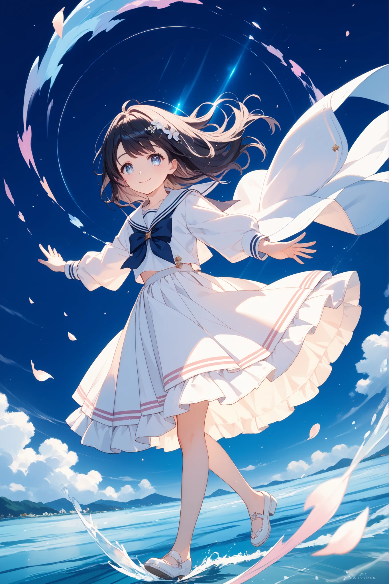 (Highest quality, masterpiece, RAW Photos,Very detailed:1.2)、Posing、cute、whole body、Embarrassed smile、Perfect Proportions、Three people、White dress、barefoot、blue sky、Tiny Stars、Shine、rainbow、flower、heart、ribbon