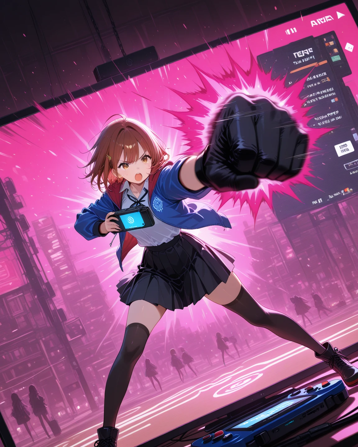 anime screencap, masterpiece, nice hands, best quality, 1girl, solo, ami aiba, blue eyes, (red hair:1.5), side ponytail, short hair, goggles, hair ornament, hair between eyes, shirt, (yellow shirt:1.25), raglan sleeves, skirt, black gloves, gloves, single glove, facing viewer, black skirt, (black raglan sleeves:1.25), chest logo, (((glowing,hologram,blurry,digital dissolve,cyberpunk,dissolving clothes, dissolving body,glitch))),fighting stance,looking at viewer,