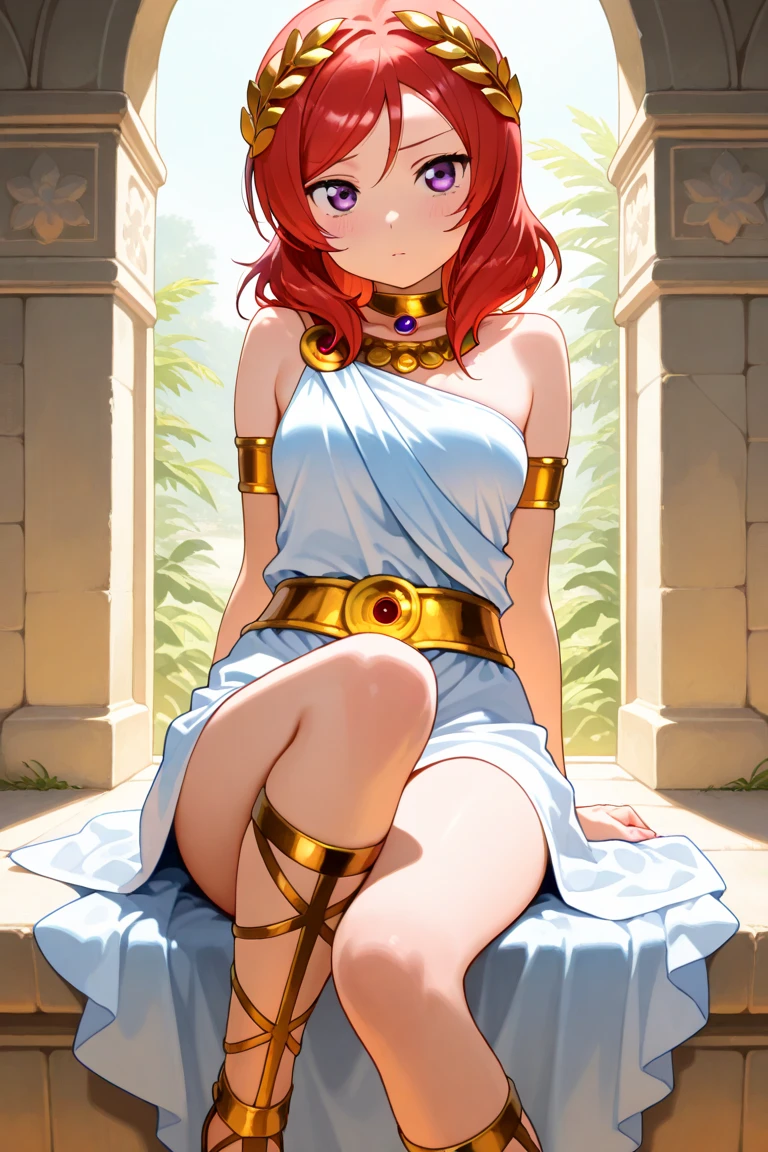 Maki nishikino,love live, highres, shiny red hair , purple eyes,blush , closed mouth, sitting on throne, crossed legs, elbow support, bare shoulders dress, vertical cutout,navel, breasts apart,thighs , looking away, bored, (sagging breasts:0.7), head tilt ,tiara, Egypt queen ,feet, Cleopatra 