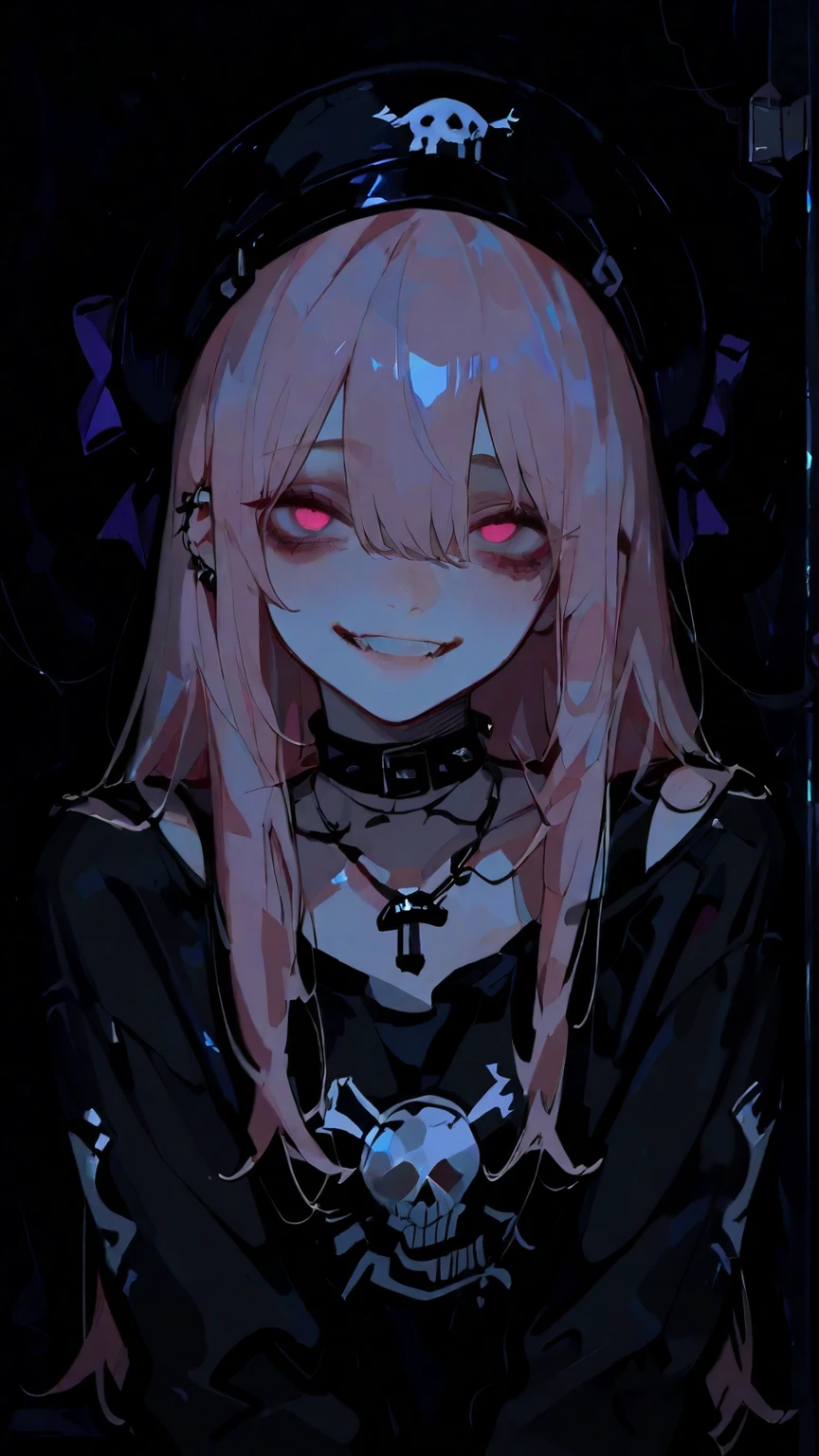 Doodle, nightmare, Doll-like face, Cartoon style, Rough sketch, Horror elements, (masterpiece), (high image quality), (VERY DELICATE), ( clear ), comic style illustration, crazy illustration, flat illustration, Blissful smile, Creepy Appearance, VERY BIG HAIRSTYLE , Unique atmosphere、(pastel)、
、light pink hair 、straight long hair in a subway car、eye color: gray、Glowing Eyes、Finger Tattoos、Pose、Show me your fingers、piercing、ring、necklace、 punk rock 、gothic、double teeth、casket hat、upper body、tusks
simple background、straight hair