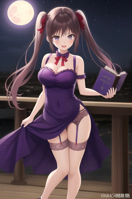 debris flies, highest quality, Highly detailed CG Unity 8K wallpaper, sexy witch , long dark blonde wavy hair、off shoulder knit, dark blue pleated skirt, stockings、medium breasts, saggy breasts, Pose that emphasizes the chest, blush, shy smile, bare shoulders, (pink lace panties、pink good、open your legs wide）、、nice magic book、Cathedral of the Church、Put your hand on the pillar and turn around、stick out your butt、、