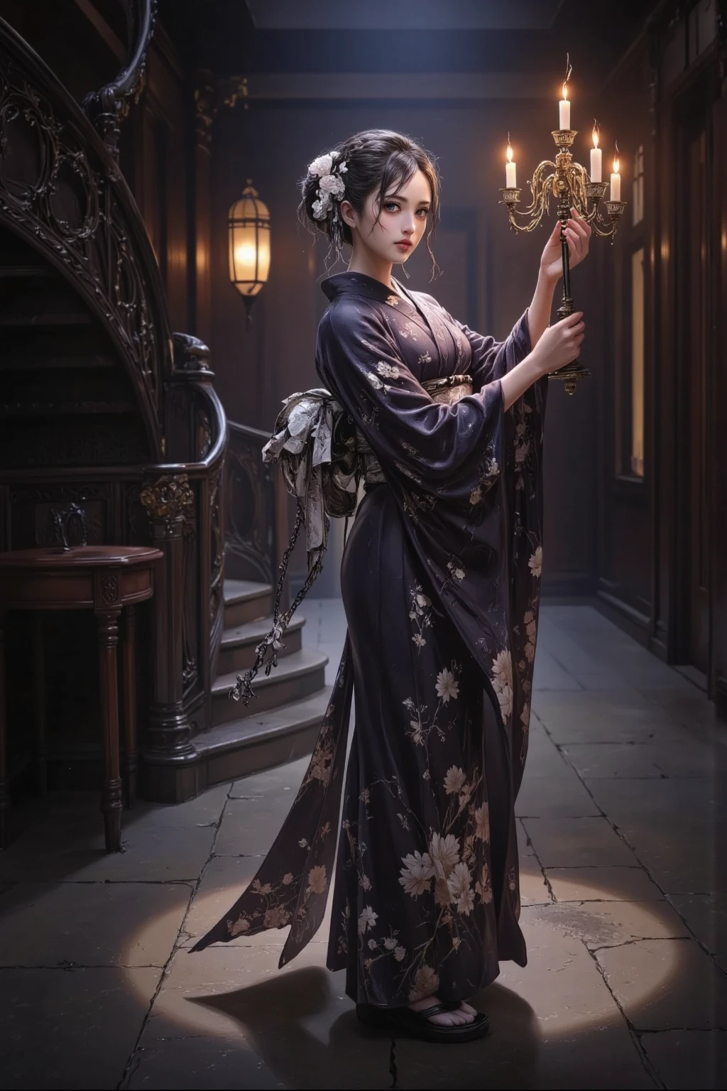 woman in kimono holding candelabra with lit candles in her hands、solo、Old Western-style lobby at midnight with no people、dark room、 Large Staircase 、８K High resolution、Super Detailed Painting、realistic、HDR、clear focus 、Intricate details、dark colors、dark colors、bokeh、traditional Japanese atmosphere、deep and sophisticated composition of the scene、view from above、Great storytelling
