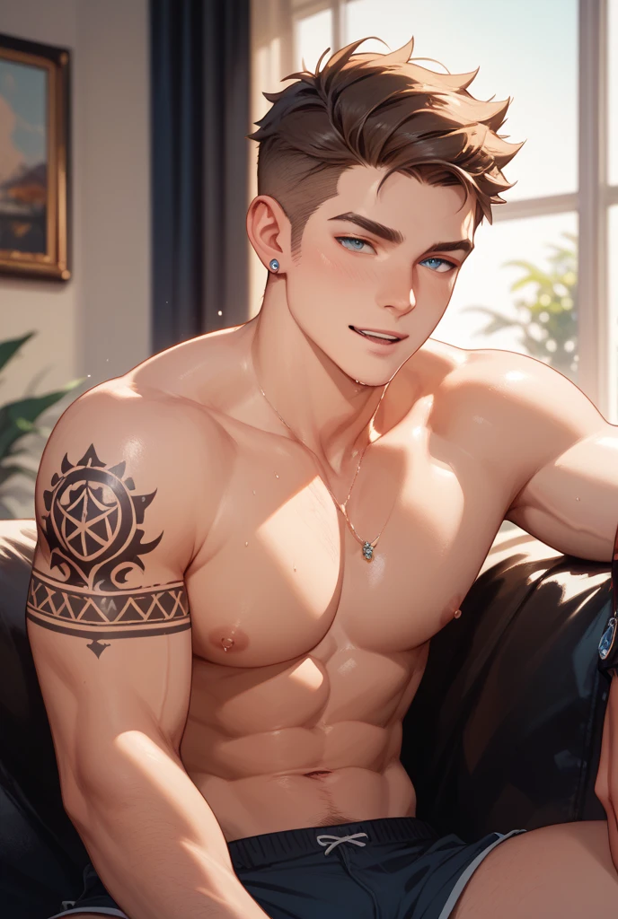 8k, Sophisticated, Elegant, Highly Detailed, majestic, digital photography, Surreal painting, magic, Sinuous lightning, (Masterpiece, Side light, lovely and beautiful eyes: 1.2), hdr, (Bright blue eyes)), Naked upper body, (shiny tattoo), Handsome adult man, Long straight platinum hair, Muscular, tanned skin, Handsome, in front of the camera, a masterpiece. realistic.