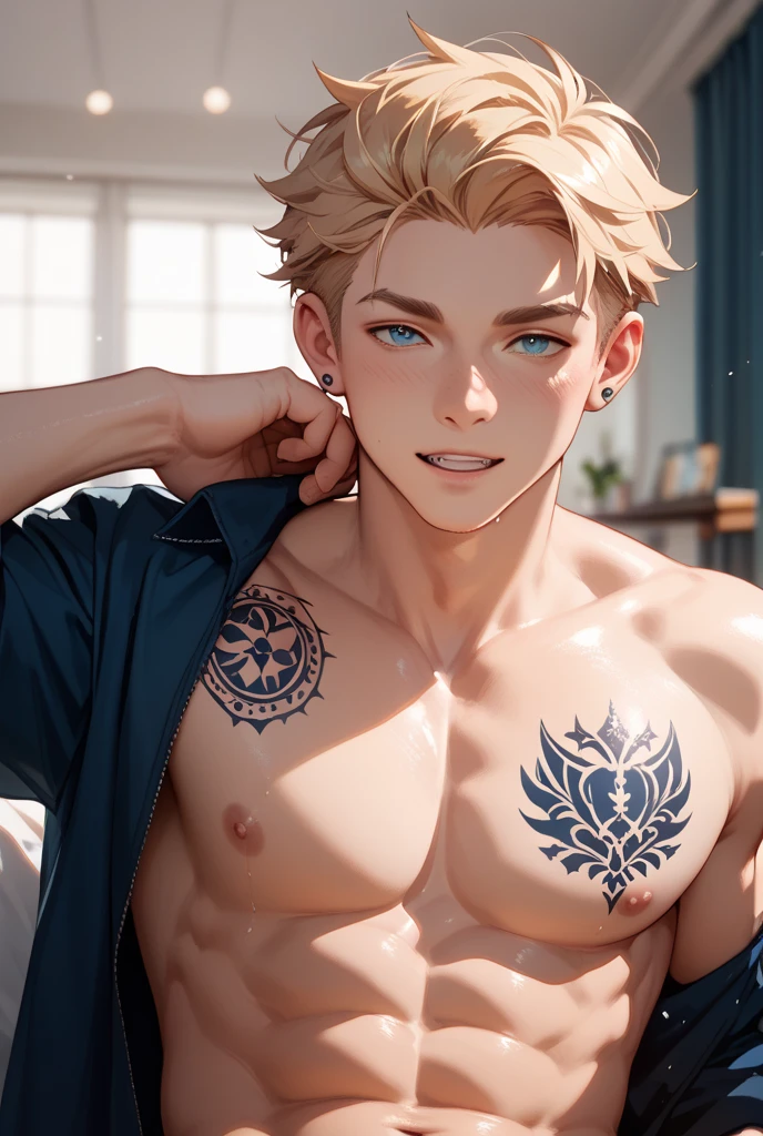 handsome male, navy blue hair, Shirtless with magic circles engraved on his body like a tattoo