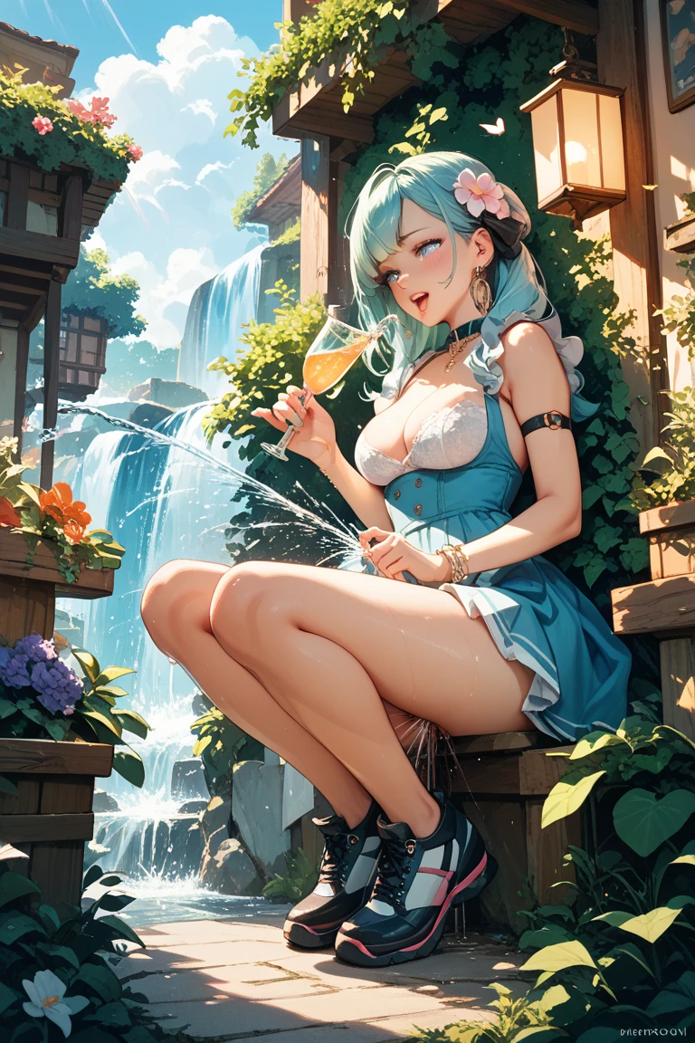 (masterpiece, Best quality), (Real Photos, complex parts), (noon, Sun, Sunny) in the home garden, (3 sisters, age from 10 to 13 years:1.8), ( Beautiful face, There are no breasts:1.8), , thin body, Hairstyles are different, hair colors are different, iris colors are different, full length, dressed in short skirts of different colors, Having fun, pour water on each other, laugh, frolic, Clothes are all wet, Splashing water, dynamic poses, smiling, playful and slightly lustful look,