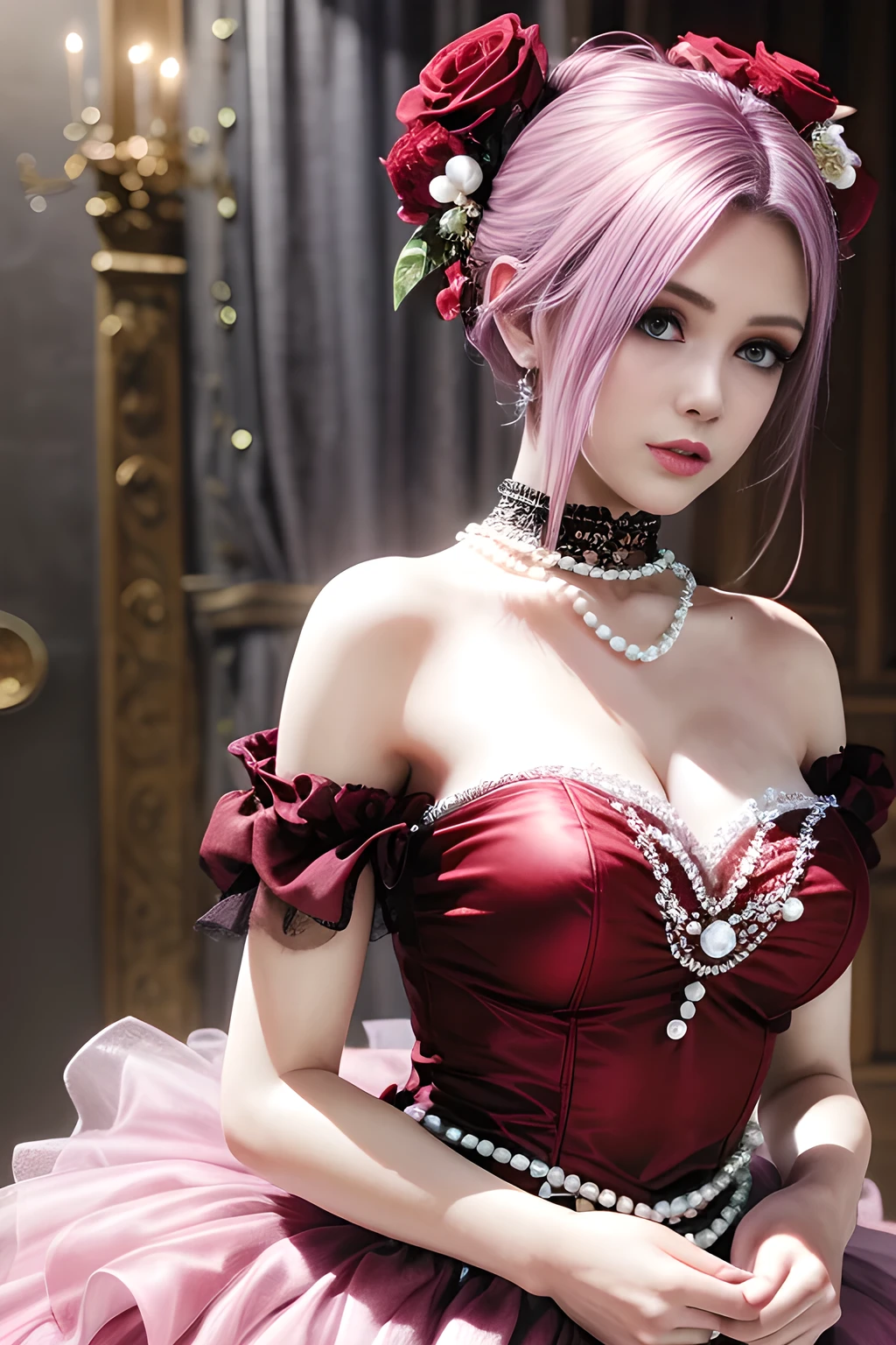 Female((30year old)), hair((straight, pink)), eyes((smart eyes, black)), She wears velvet dress, a rolled up red collared velvet dress)), hair ribbon, braid hair, chocker, pompom earrings, gigantic boobs, Eiffel tower, smiling, snow flake, Christmas ornaments,