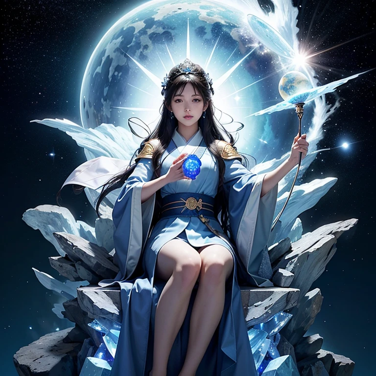 超高分辨率, best qualtiy, photore, 16k, tmasterpiece:1.3,(realisticlying: 1.2), cinmatic lighting, Woman in the shape of a mythical god。It depicts the god holding the sun and moon,((Dynamic background),radiating with light,Aura shrouded),(dynamicposes),Cast magic,Sit on the crystal),Float on the crystal in a bright white cape,Ultimate face,(afloat:1.3),cosmic starry sky,stunning detailed, 64k resolution,for an immersive and realistic visual experience。Let your work capture the essence of myth and wonder,leaving viewers in awe of its beauty and power。