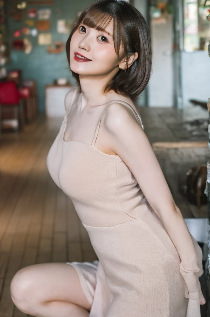 (on the table, best quality, realistically, Super detailed, meticulous, high resolution, 8k wallpaper), Close-up portrait of a beautiful woman, Chariada, smiling, light brown messy hair, Perfect dynamic composition, 美丽meticulous的眼睛, Just like the cover of a fashion magazine, on campus