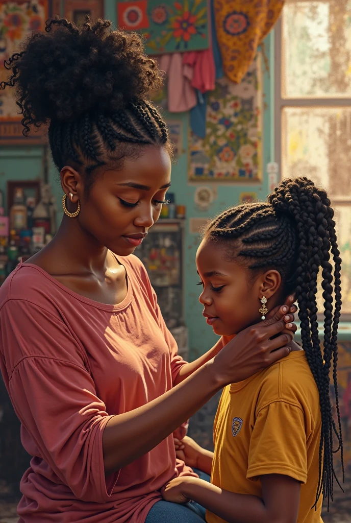 black mum brushing her 5 year old daughter hair, kinky 4c hair, Anime portait